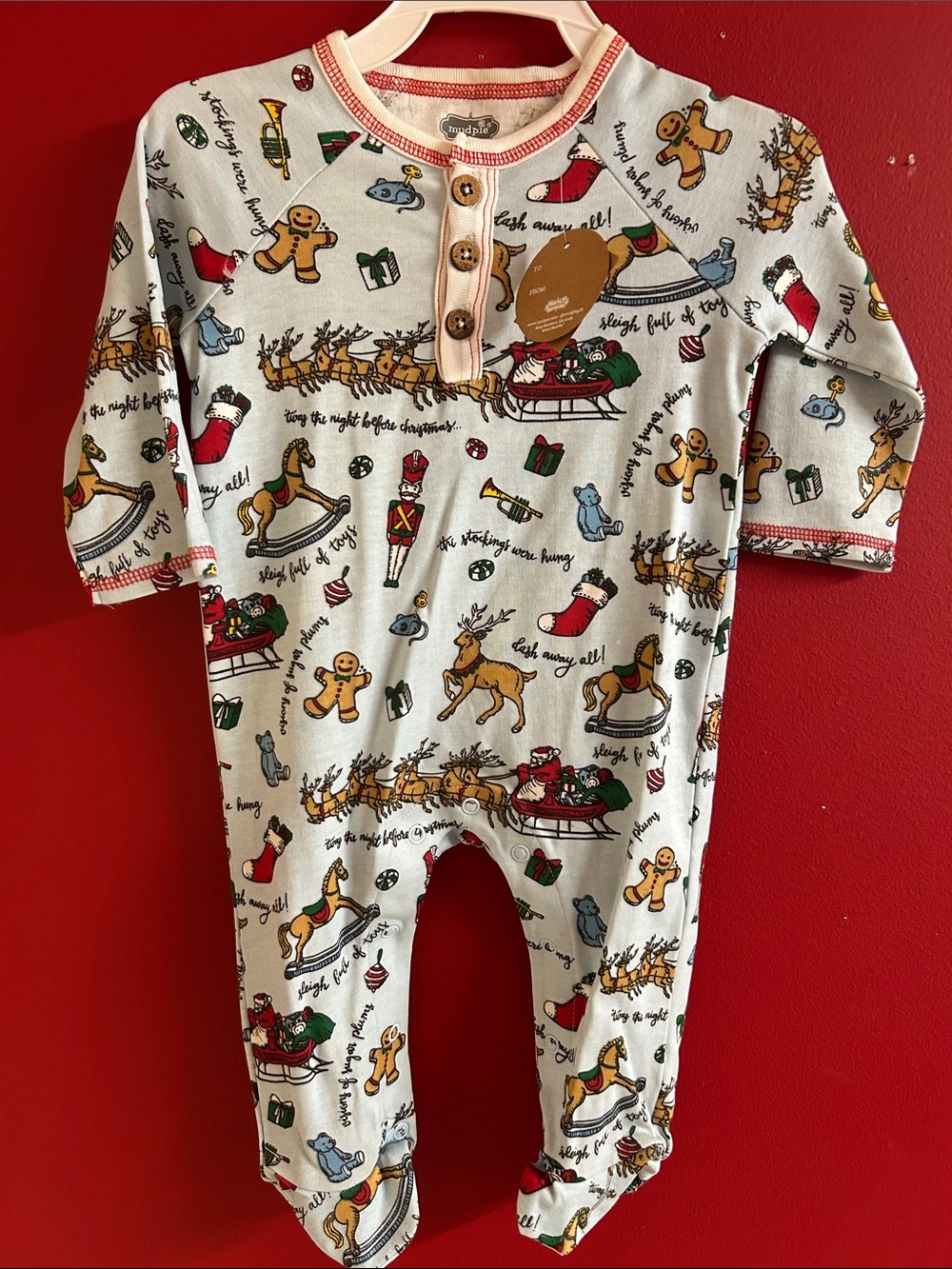 Mud Pie White Holiday Print Footed One-Piece with Red & Green Accents 3-6 months